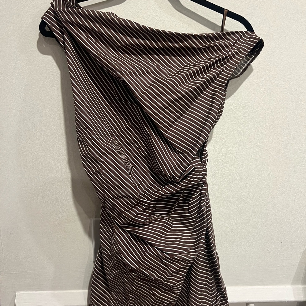 STAUD One-Shoulder Brown Striped Dress - Picture 10 of 13